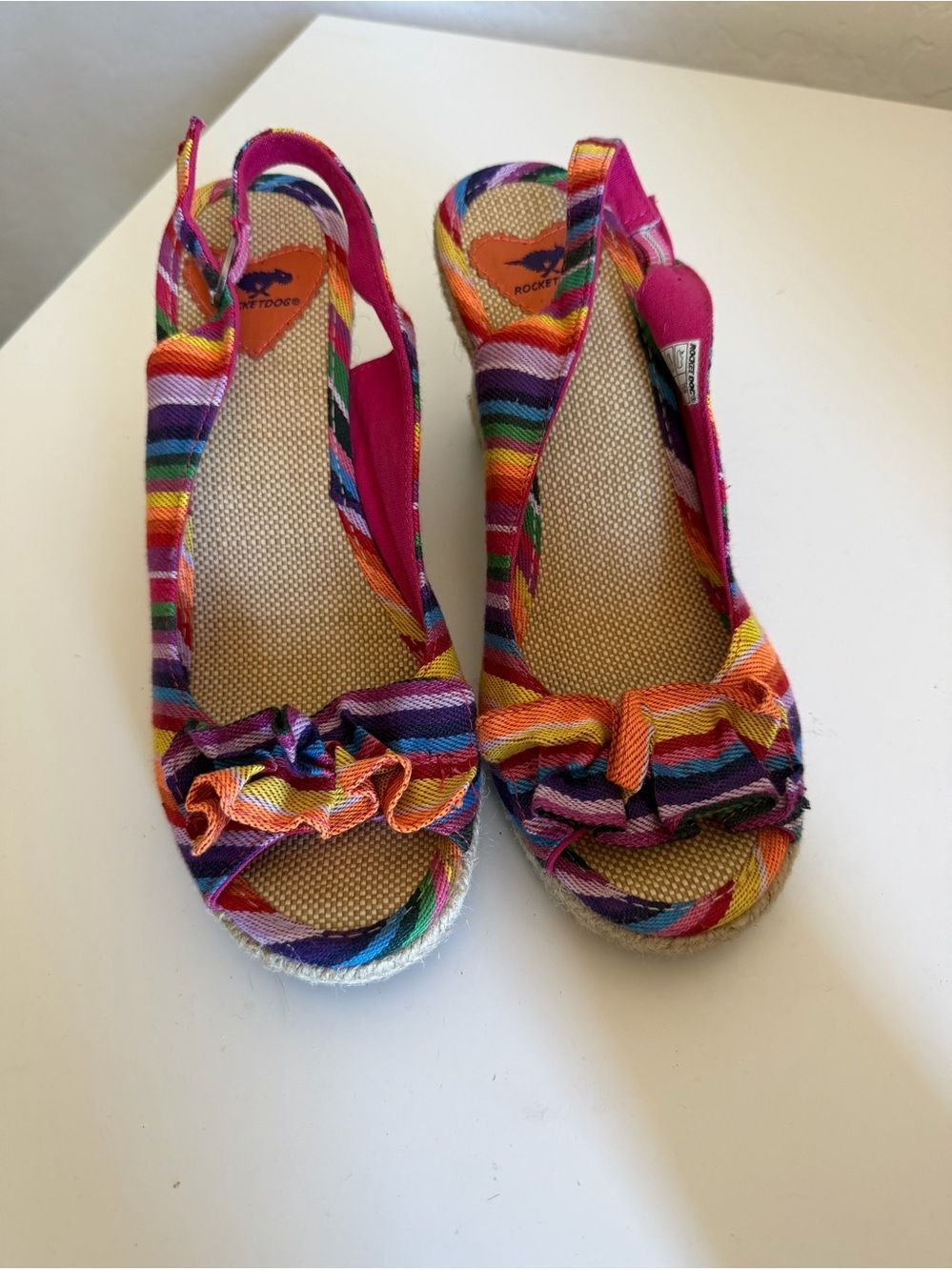 Rocket Dog Rainbow Stripe Espadrille Wedge Sandals Peep Toe Ruffle 8.5